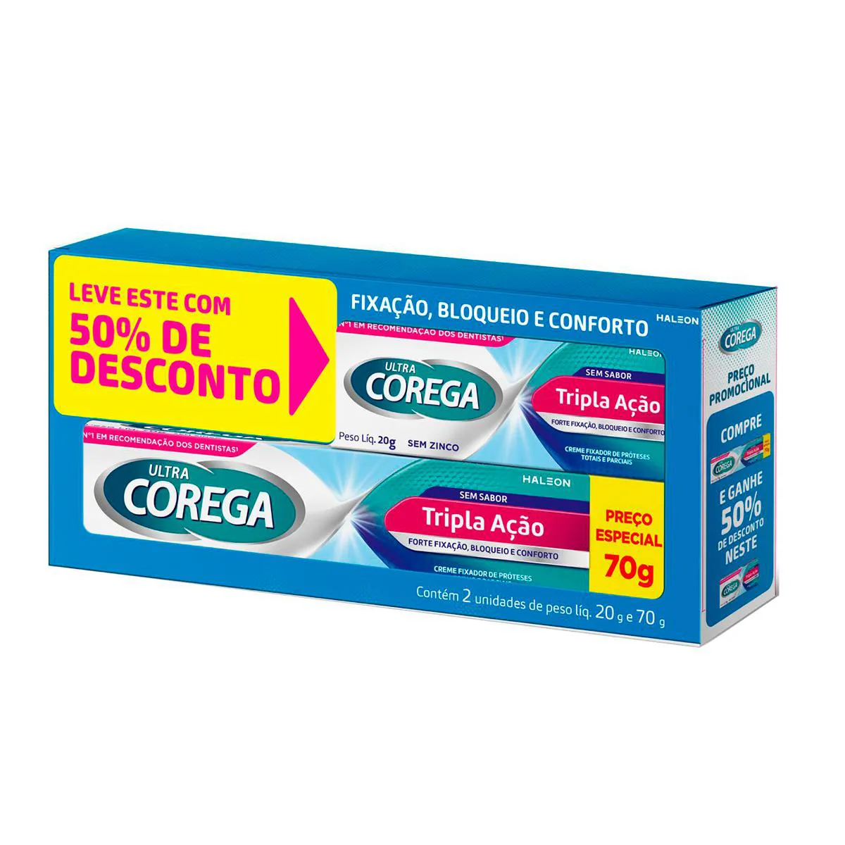 Kit Creme Fixador de Dentadura Ultra Corega Tripla Ação Sem Sabor 70g + 20g — Corega | Farmácia Resyla
