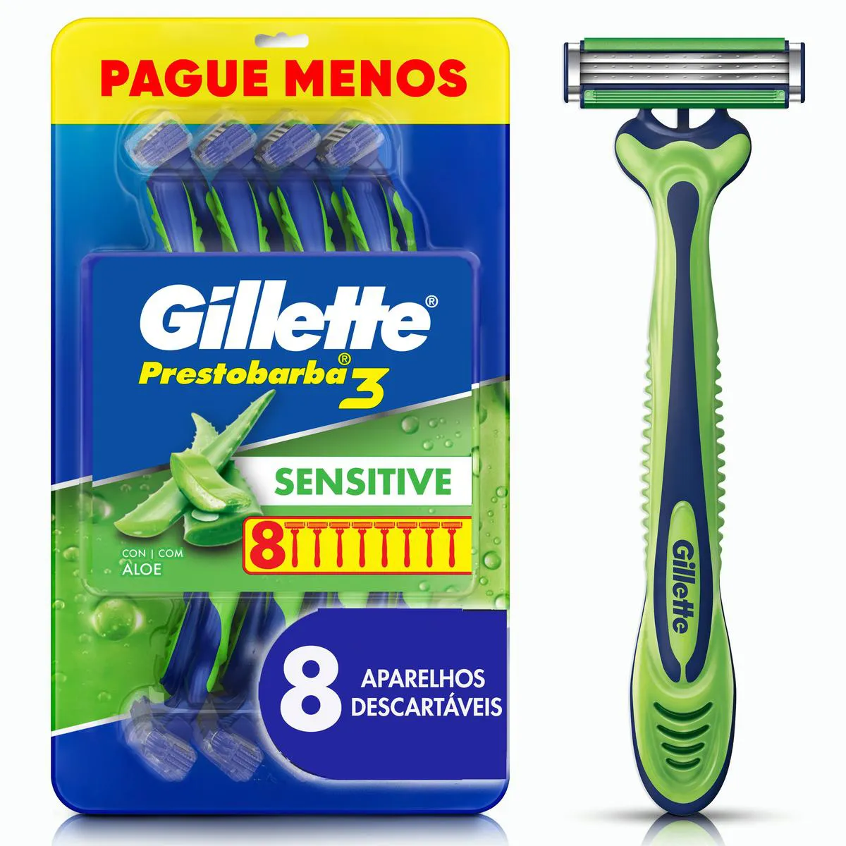 Aparelho de Barbear Gillette Prestobarba 3 Sensitive Aloe Vera 8 unidades — Gillette | Farmácia Resyla