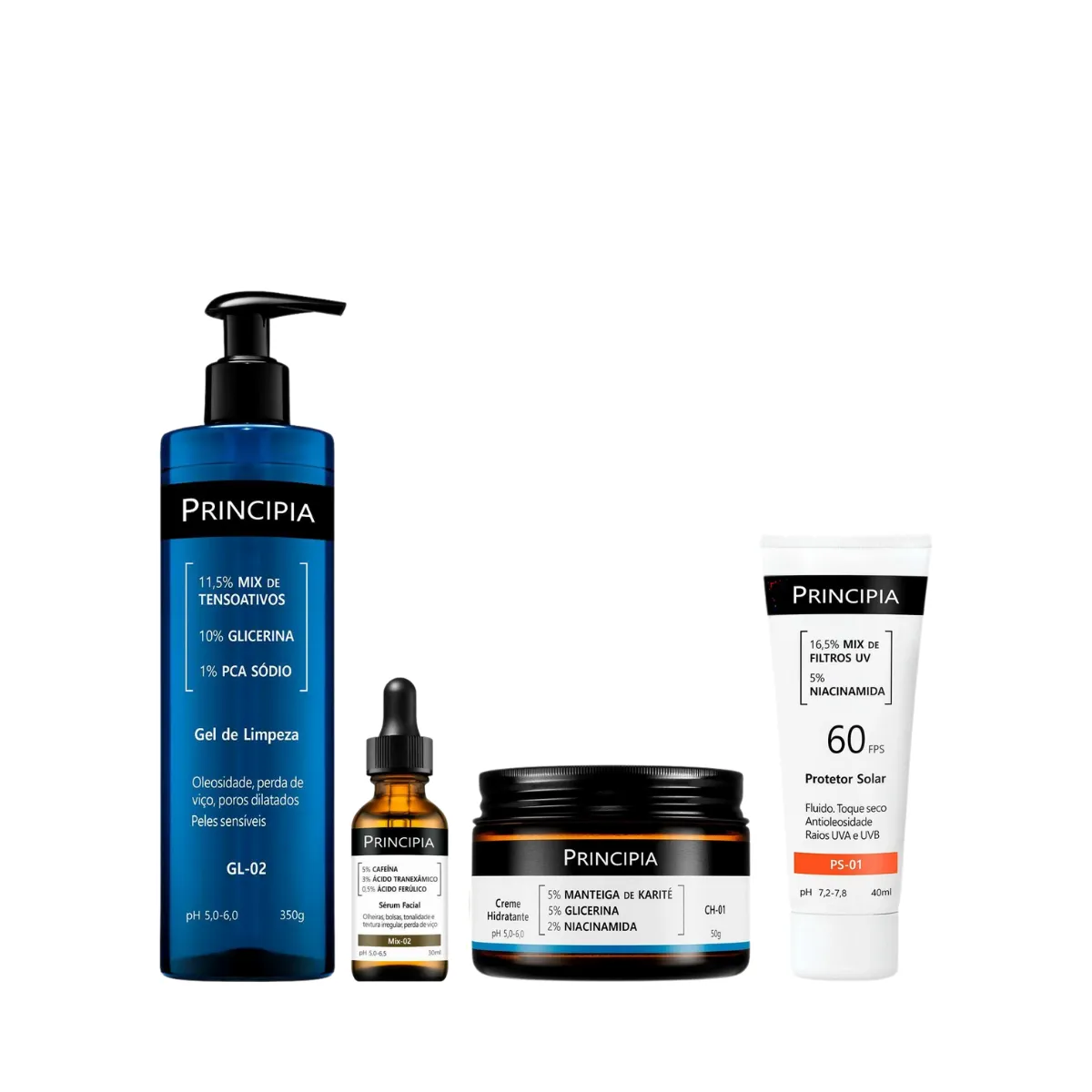 Kit Facial Principia Skincare Gel de Limpeza Suave GL-02 350ml + Sérum Anti-Idade Mix-02 30ml + Creme Hidratante CH-01 50g + Protetor Solar PS-01 FPS 60 40ml — Principia | Farmácia Resyla