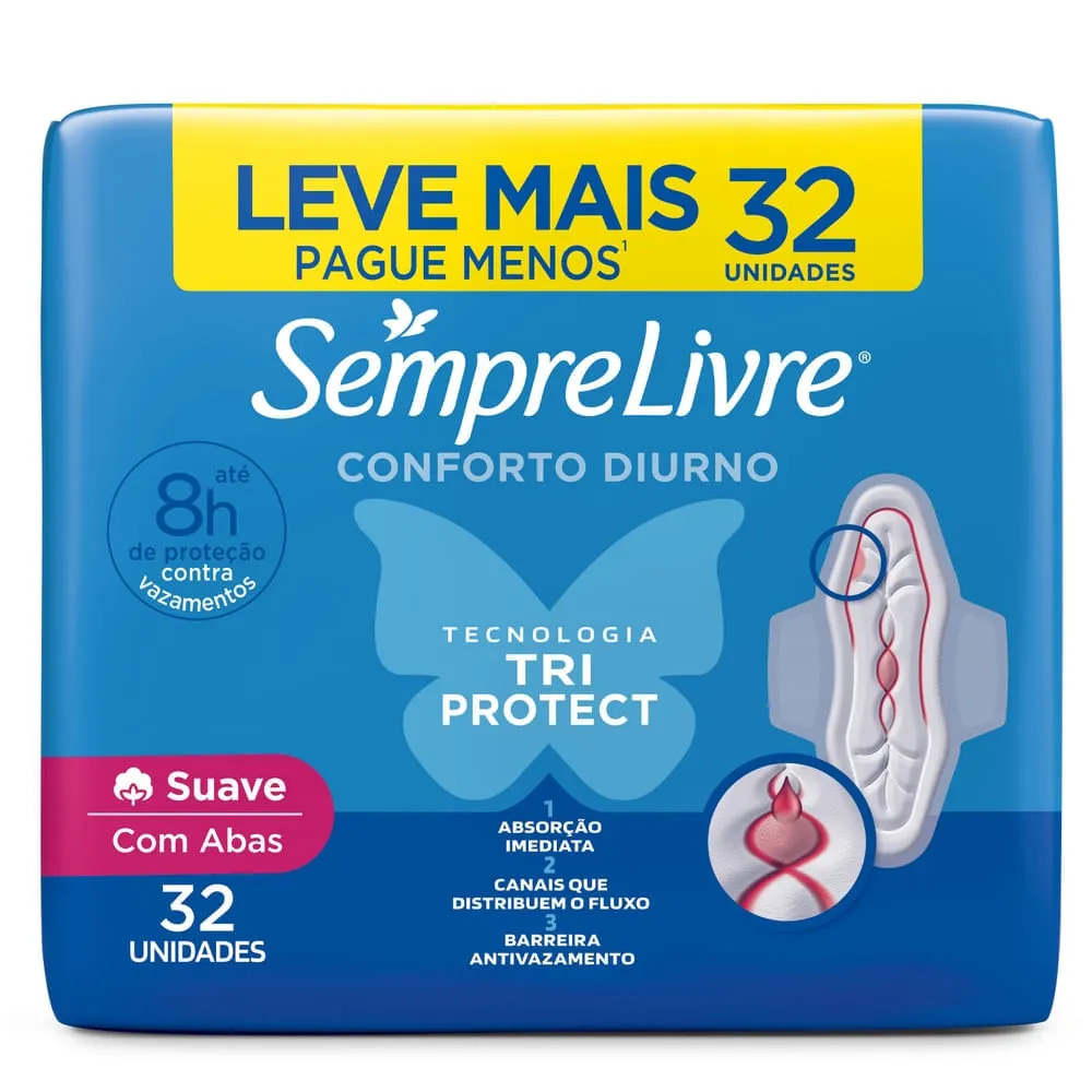 Absorvente Sempre Livre Conforto Diurno Cobertura Suave Com Abas 32 Unidades — Sempre Livre | Farmácia Resyla
