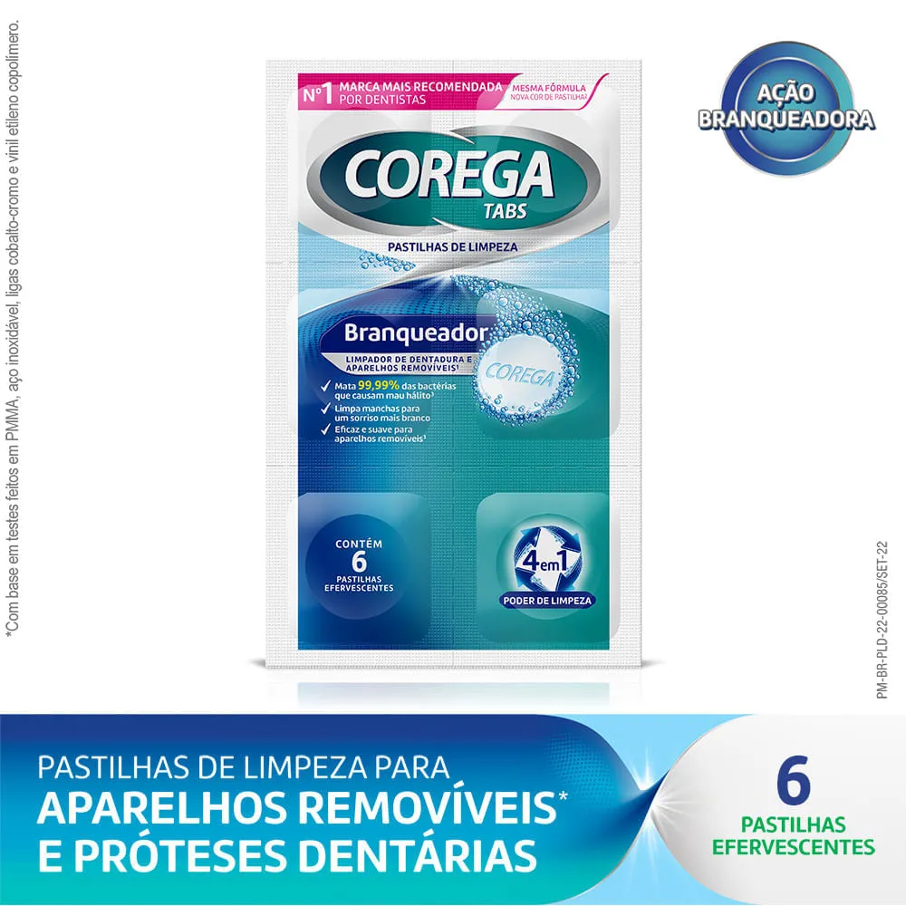 Limpador De Dentadura E Aparelhos Removíveis Corega Tabs Com 6 Pastilhas Efervescentes Branqueador — Corega | Farmácia Resyla