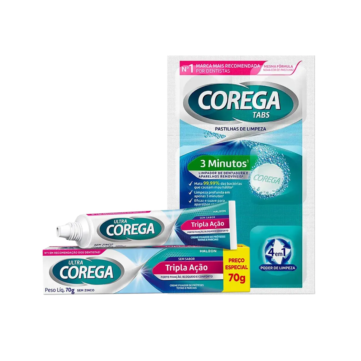 Kit Corega Creme Fixador Ultra Tripla Ação Sem sabor 70g + Tabs Limpeza 3 Minutos 6 Pastilhas — Corega | Farmácia Resyla