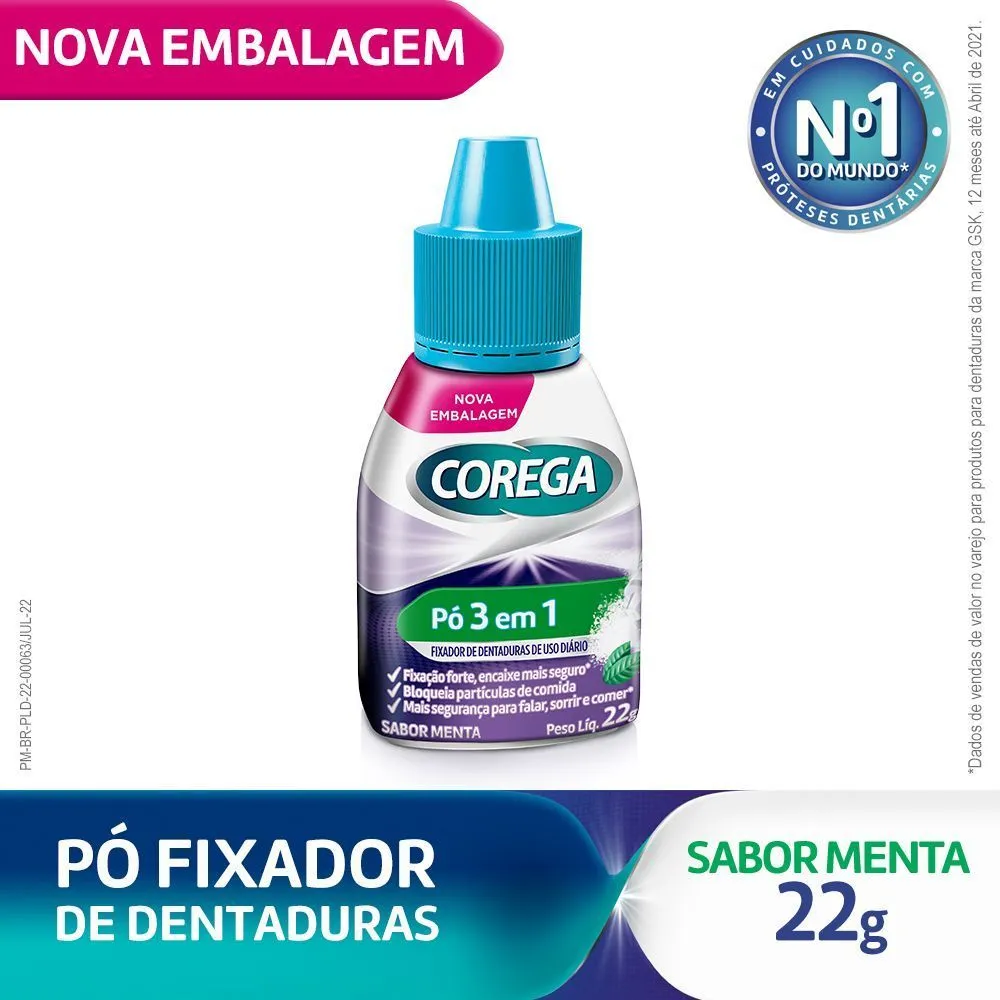 Corega Pó Fixador De Dentadura, Forte Fixação, Sabor Menta 22g — Corega | Farmácia Resyla