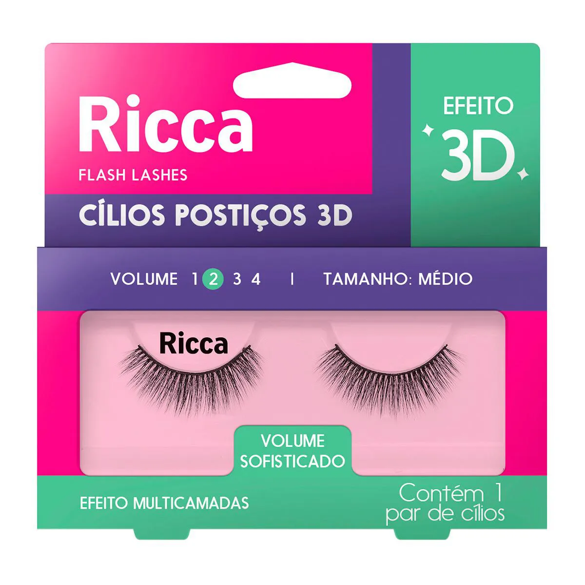 Cílios Postiços 3D Ricca Flash Lashes Vol. 2 Tamanho Médio 1 Par — Ricca | Farmácia Resyla