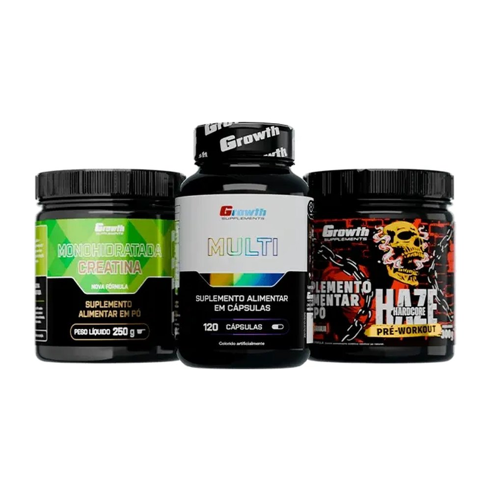 Kit Creatina Monohidratada 250g, Multivitamínico 120 caps e Pré-Treino Haze 300g — | Farmácia Resyla