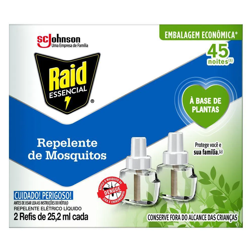 Repelente Elétrico Líquido Raid 45 Noites À Base de Plantas Essencial Caixa 2 unidades 25,2ml Cada Refil Embalagem Econômica — | Farmácia Resyla