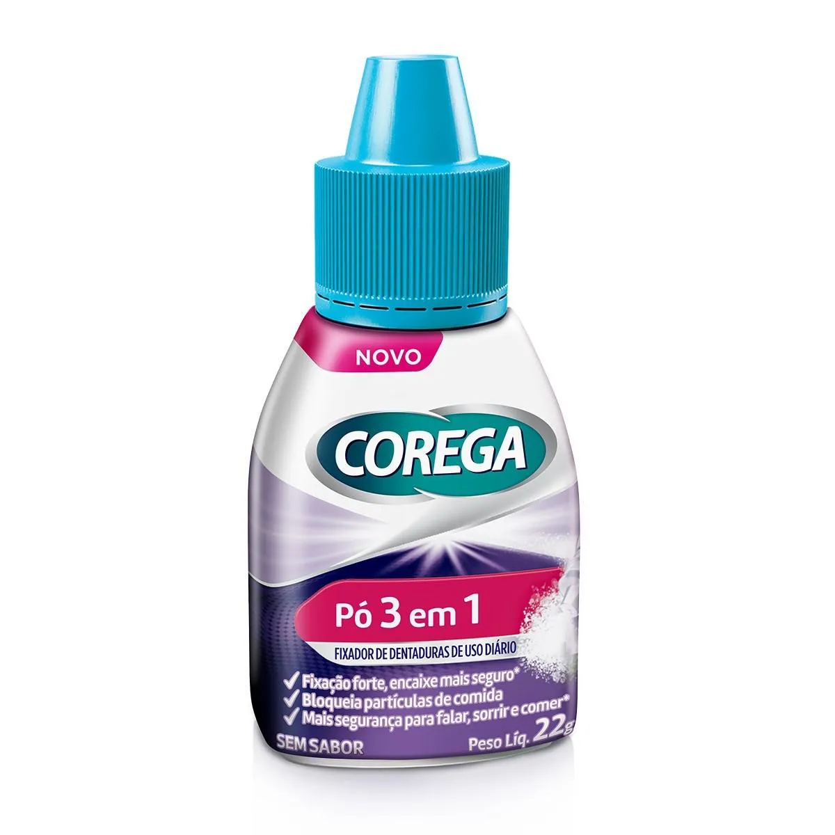 Pó Fixador de Dentadura Corega 3 em 1 sem Sabor 22g — Corega | Farmácia Resyla