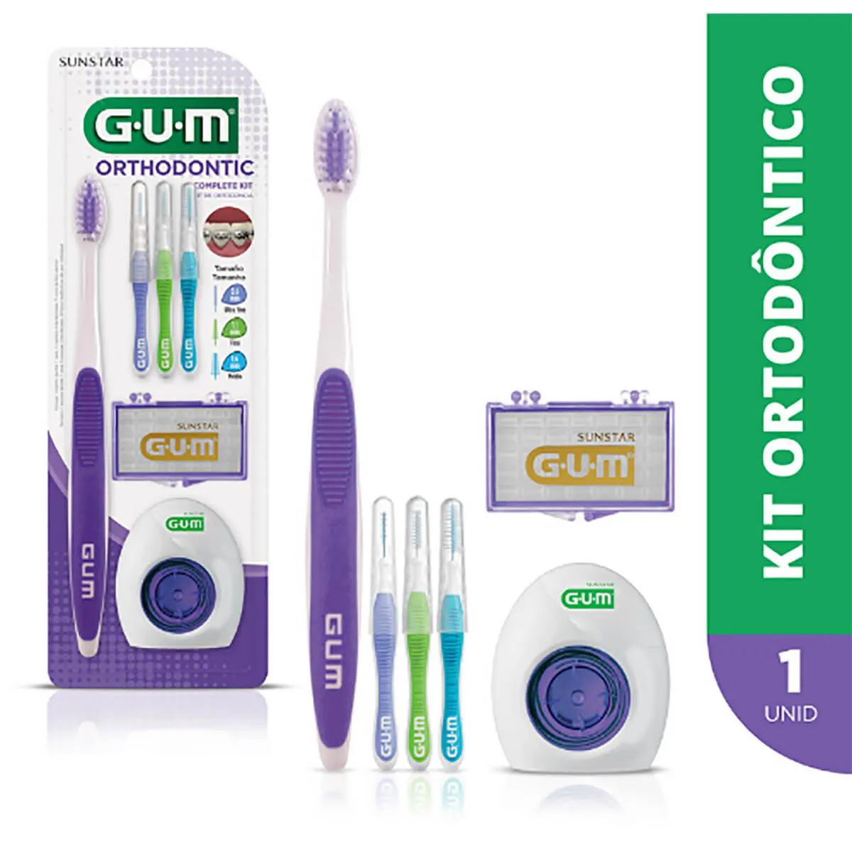 Kit G.U.M Orthodontic Escova de dente + 3 Escovas Interdentais + 5 Bastões de Cera + 5 Fios Dentais — | Farmácia Resyla