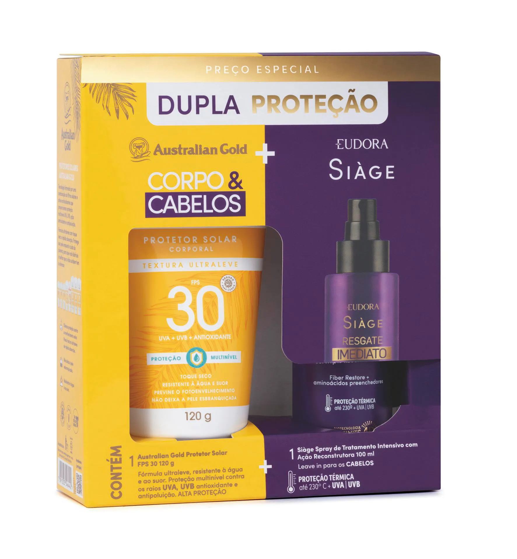 Kit Protetor Solar Corporal Australian Gold Alta Proteção FPS 30 120g + Leave-In Eudora Siàge Resgate Imediato 100ml — Eudora | Farmácia Resyla