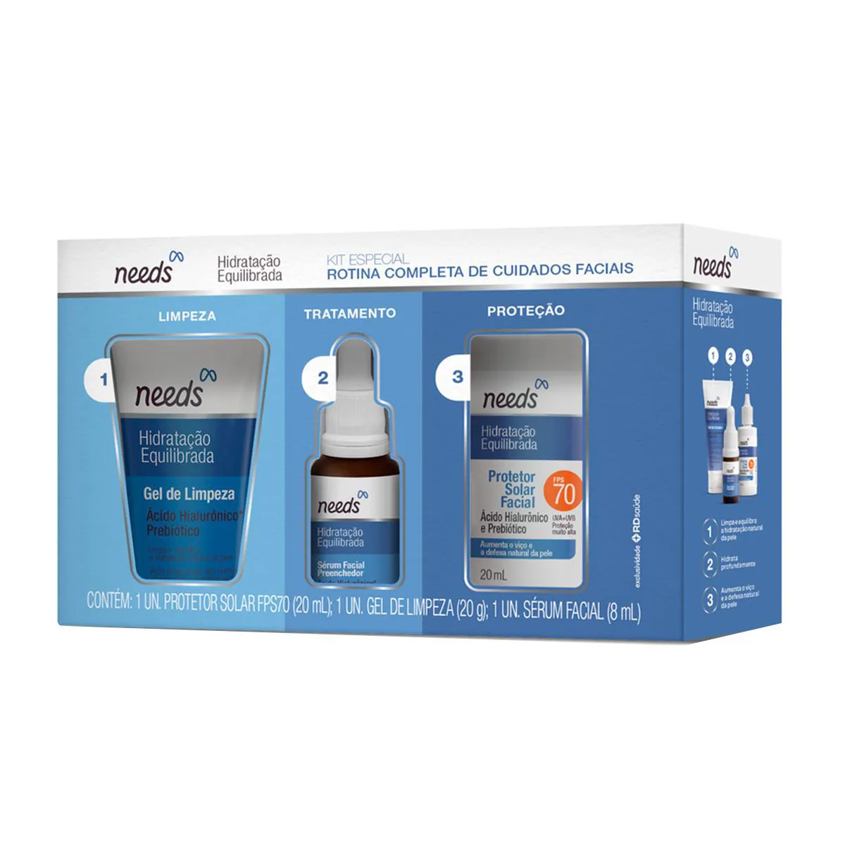 Kit Facial Needs Mini Hidratação Equilibrada Protetor Solar FPS 70 20ml + Gel de Limpeza 20g + Sérum 10ml — Needs | Farmácia Resyla