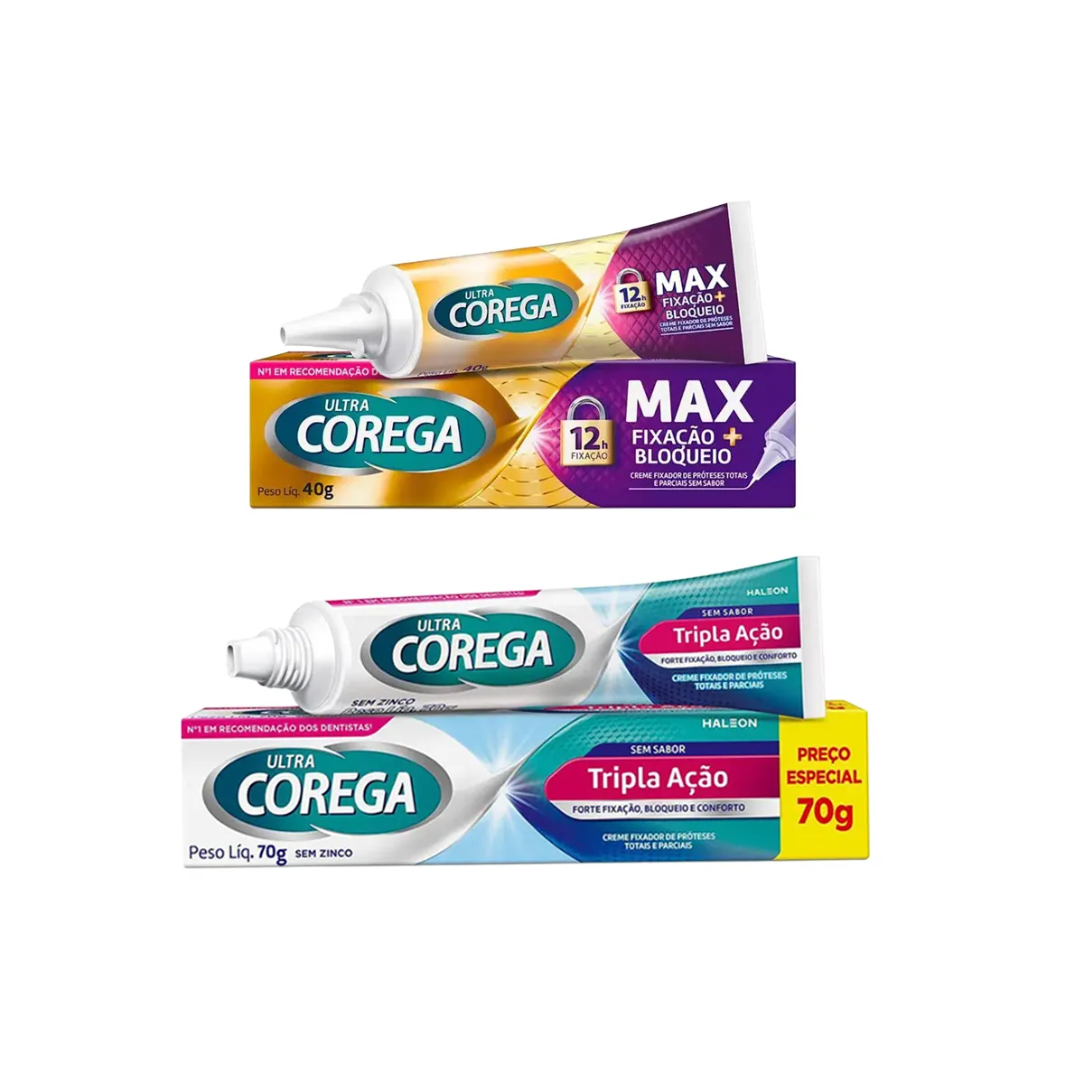 Kit Creme Fixador de Dentadura Corega Ultra Tripla Ação Sem Sabor 70g + Max Fixação 40g — Corega | Farmácia Resyla