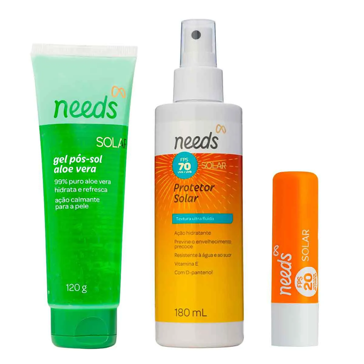 Kit Protetor Solar Needs Spray Corporal FPS 70 180ml + Labial FPS 20 3,6g + Gel Pós-sol 120g — Needs | Farmácia Resyla