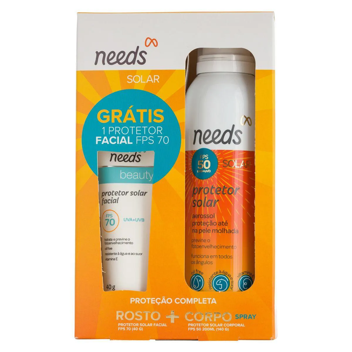 Kit Protetor Solar Needs Facial FPS 70 40g + Corporal FPS 50 Aerossol 200ml — Needs | Farmácia Resyla