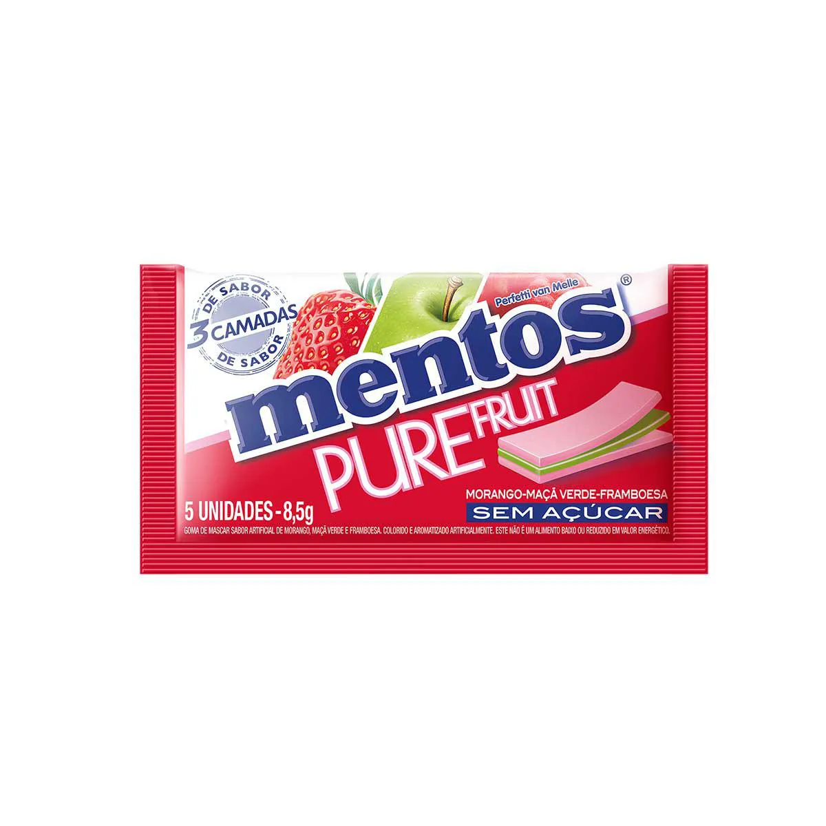 Mentos Pure Fruit Chiclete Sem Açúcar Sabor Morango Maçã Verde e Framboesa com 5 unidades — | Farmácia Resyla