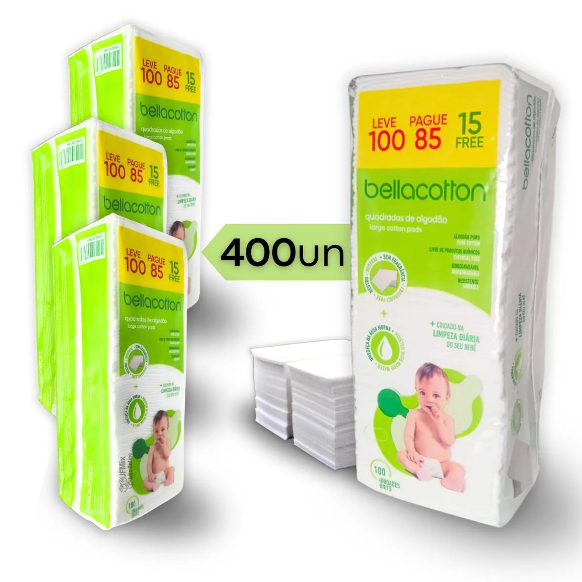 Algodão quadrado bebê bellacotton 400 unidades — | Farmácia Resyla