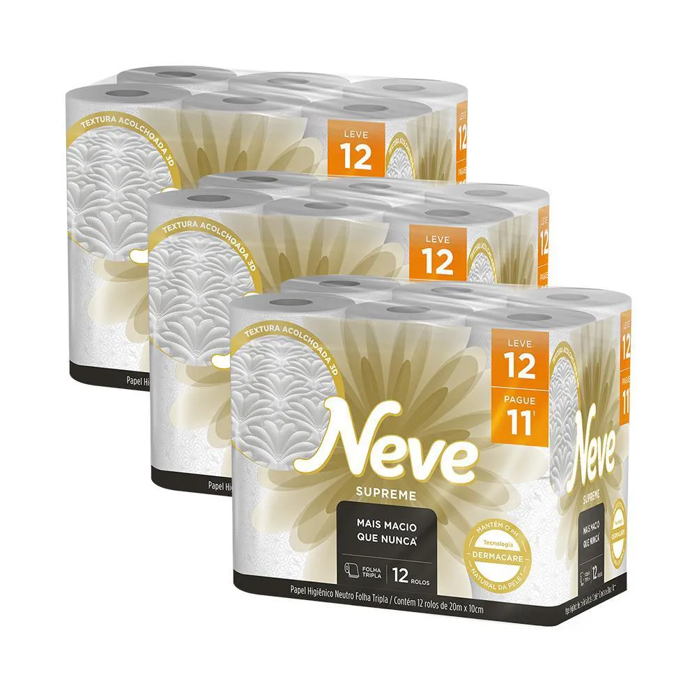 Kit 3 Papel Higiênico Neve Supreme Folha Tripla Leve 12un Cada — | Farmácia Resyla