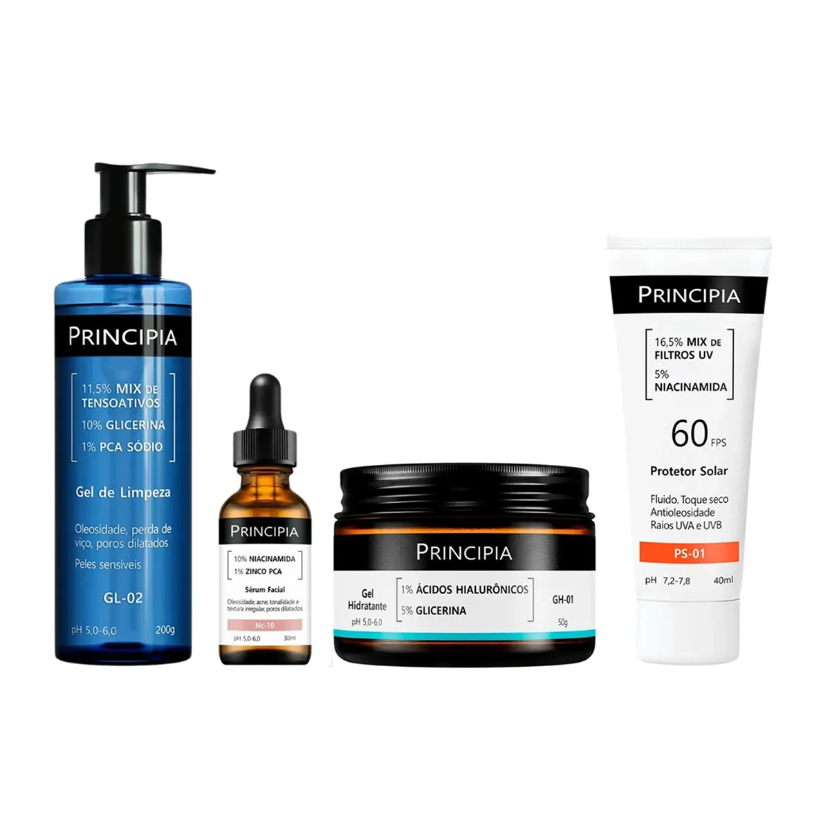 Kit Facial Principia Skincare Protetor Solar PS-01 FPS 60 40ml + Gel de Limpeza Suave GL-02 200g+ Sérum Anti-Idade NC-10 30ml + Gel Hidratante GH-01 50g — Principia | Farmácia Resyla