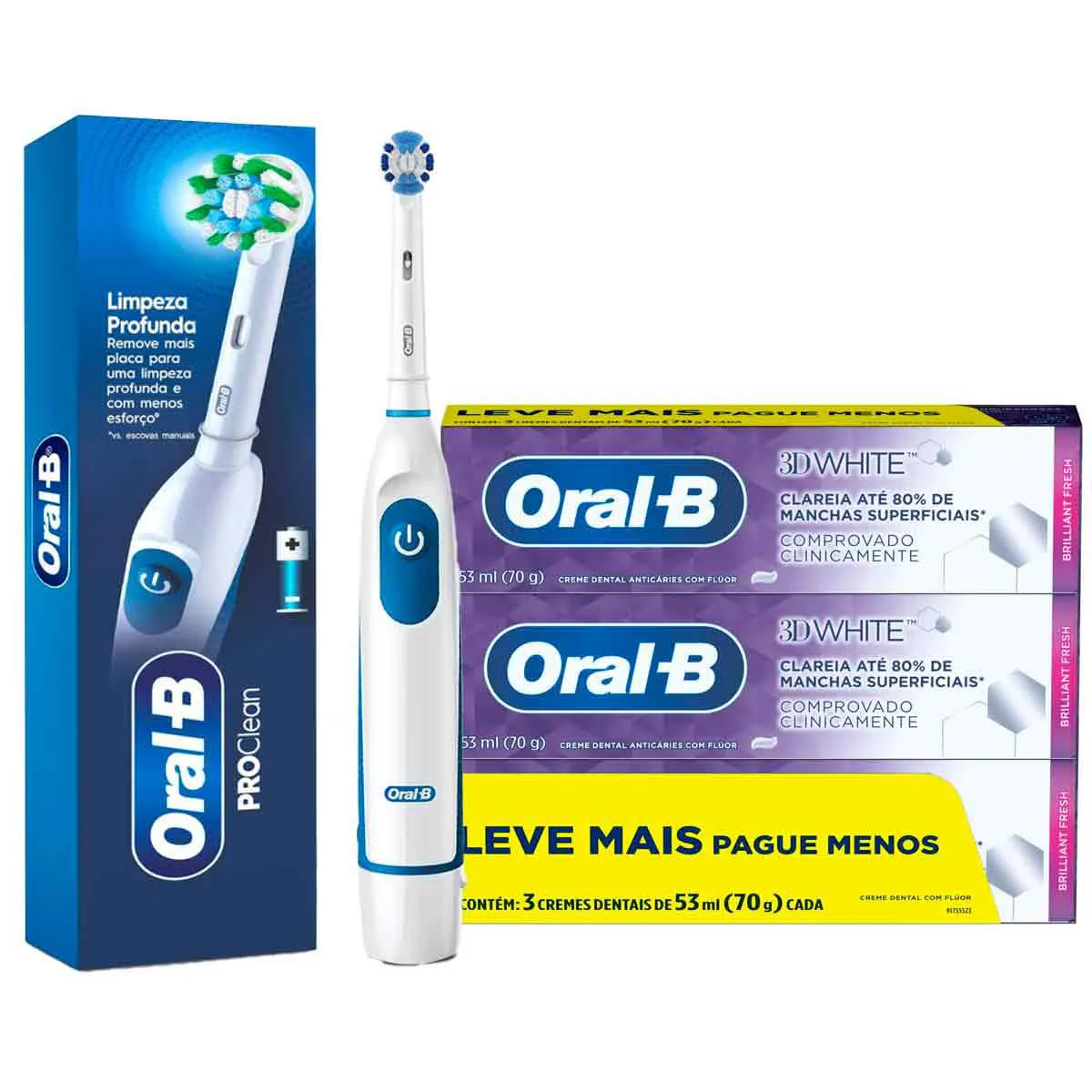 Kit Oral-B Escova de Dente Elétrica Pro-Clean Power + Pasta de Dente 3D White 3 unidades com 70g cada — Oral-B | Farmácia Resyla