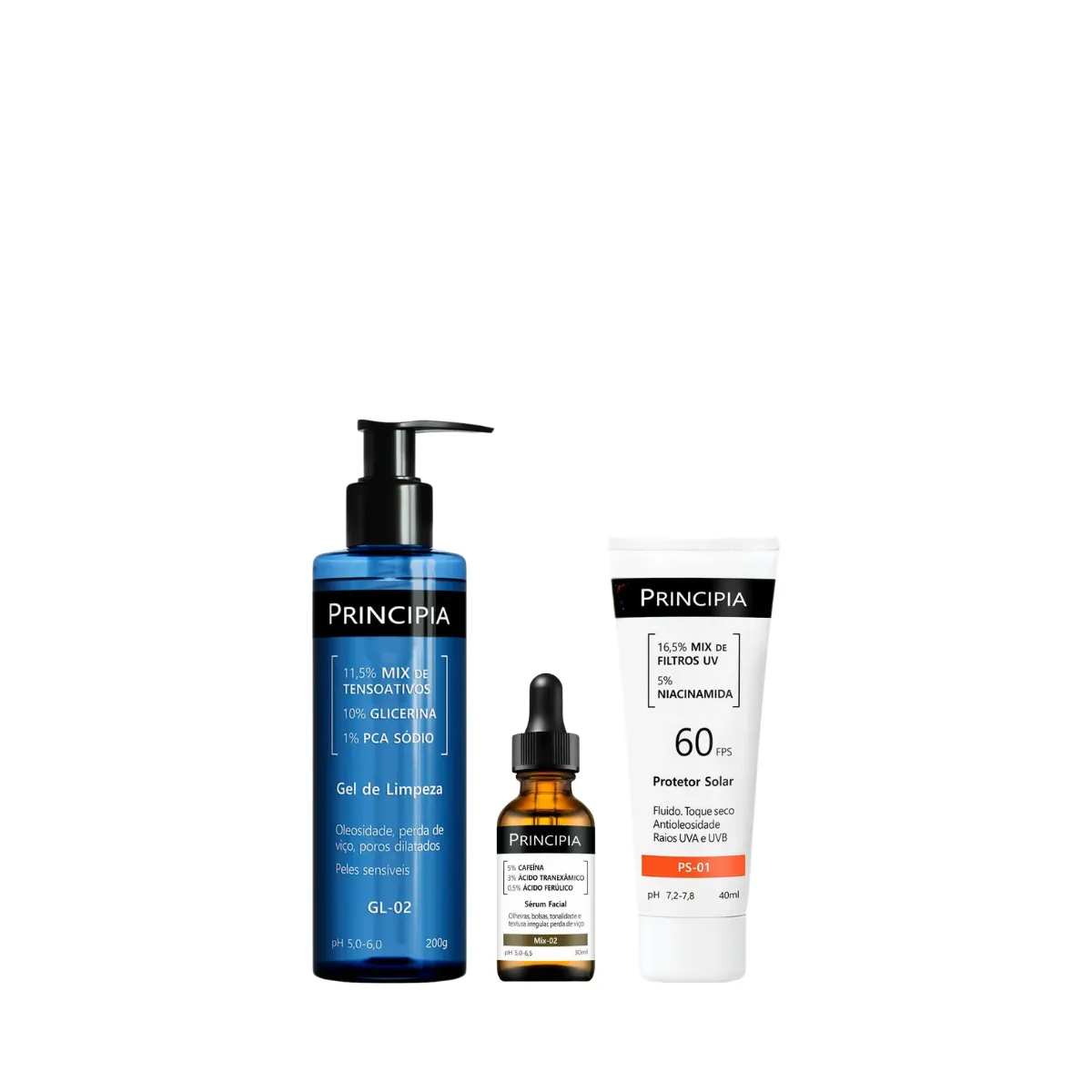 Kit Facial Principia Skincare Gel de Limpeza Suave GL-02 200ml + Protetor Solar PS-01 FPS 60 40ml + Sérum Anti-Idade Mix-02 30ml — Principia | Farmácia Resyla