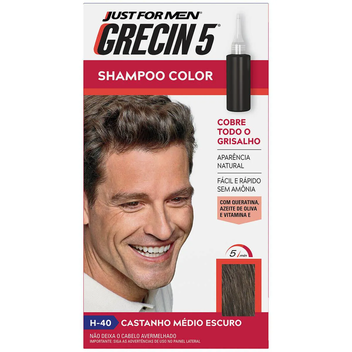 Shampoo Tonalizante Color Just For Men Grecin 5 - H-40 Castanho Médio Escuro — | Farmácia Resyla