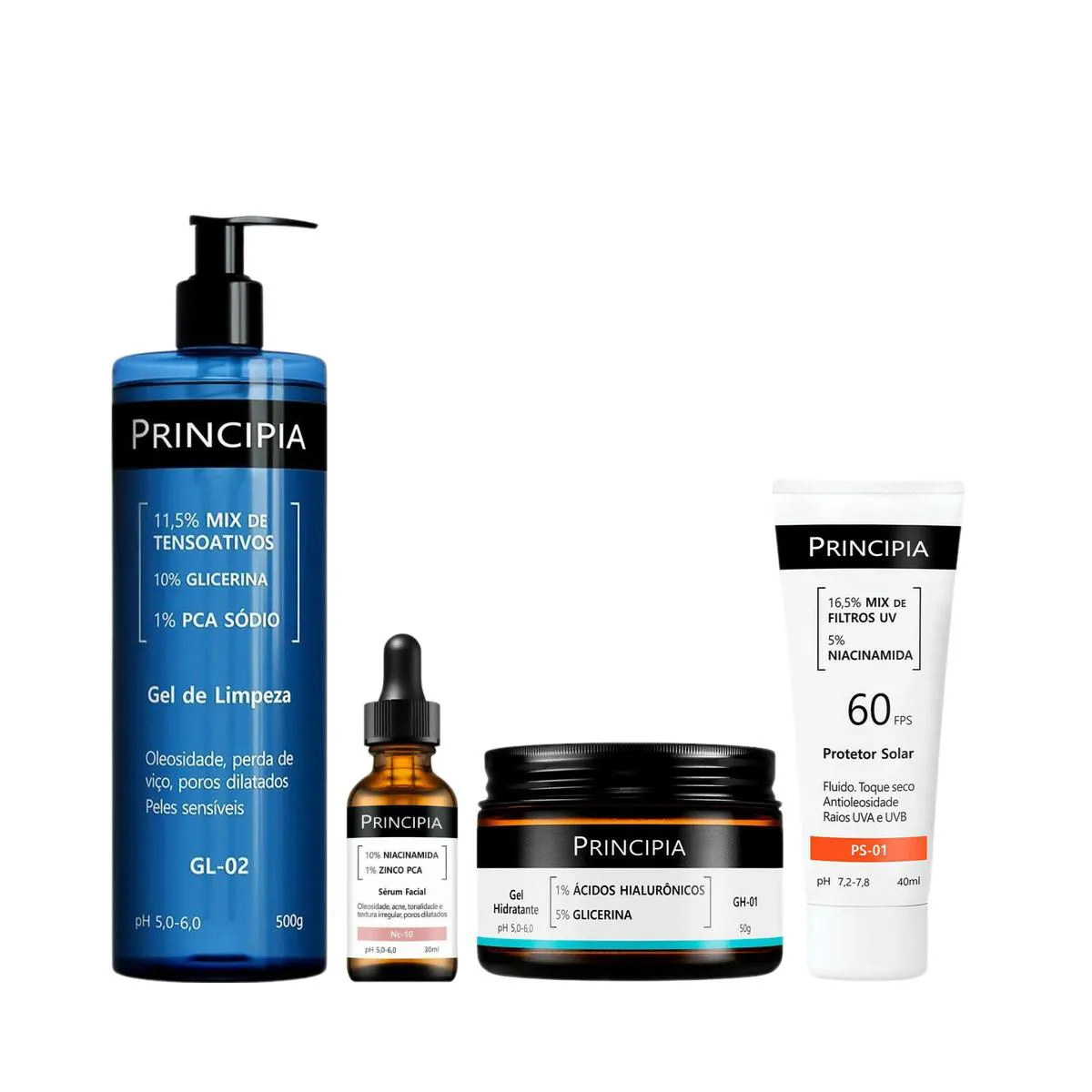 Kit Facial Principia Skincare Protetor Solar PS-01 FPS 60 40ml + Gel de Limpeza Suave GL-02 500g + Sérum Anti-Idade NC-10 30ml + Gel Hidratante GH-01 50g — Principia | Farmácia Resyla