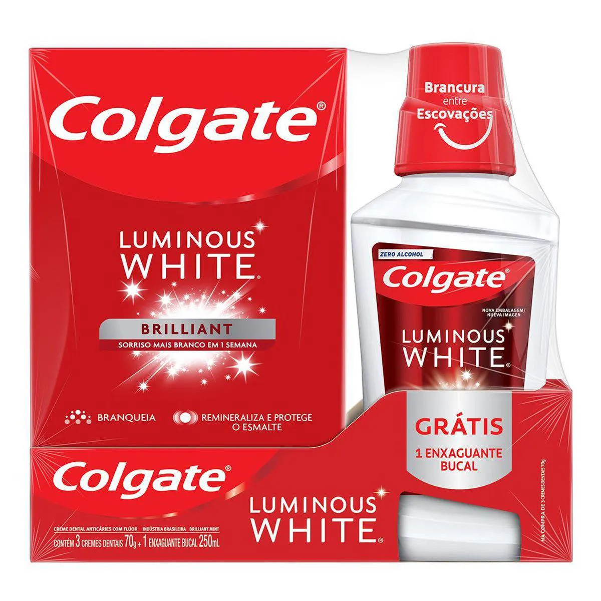 Kit Colgate Luminous White Brilliant Creme Dental 70g 3 unidades + Enxaguante Bucal 250ml — Colgate | Farmácia Resyla