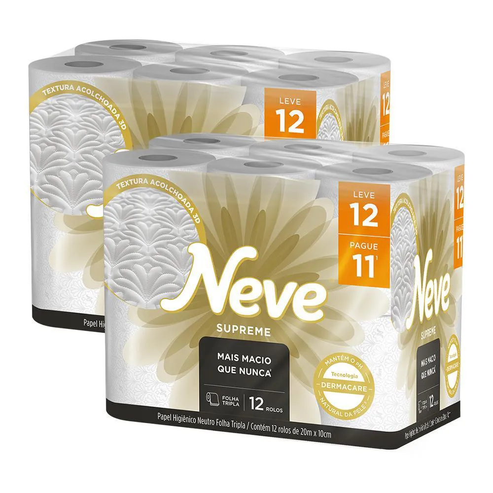 Kit 2 Papel Higiênico Neve Supreme Folha Tripla Leve 12un Cada — | Farmácia Resyla