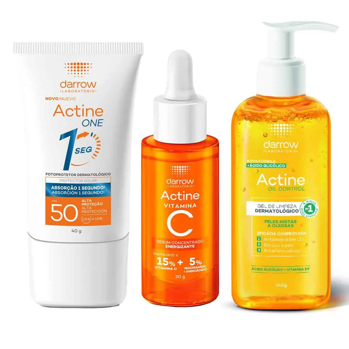 Kit Actine Gel de Limpeza Facial Oil Control Peles Mistas a Oleosas + Sérum Concentrado Energizante Vitamina C + Protetor Solar Facial Darrow One FPS 50 Sem Cor — | Farmácia Resyla