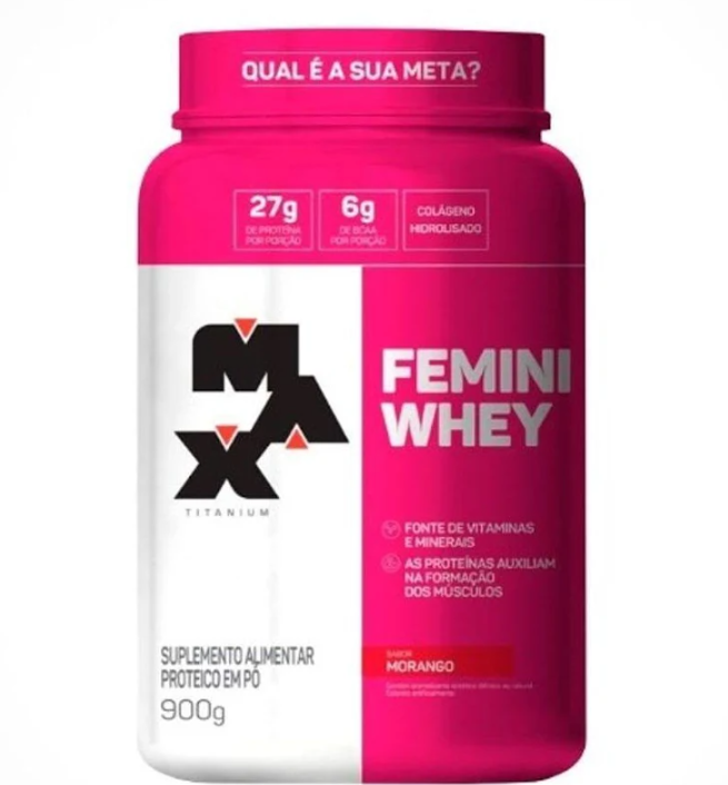Femini Whey Protein Max Titanium sabor Morango 900g — Max Titanium | Farmácia Resyla