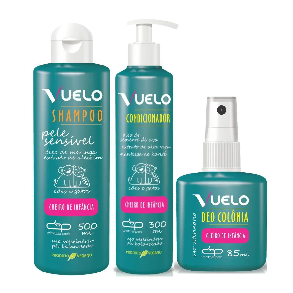 Kit Vuelo Shampoo Pele Sensível + Condicionador + Deo Colônia Cheiro de Infância para Cães e Gatos — | Farmácia Resyla