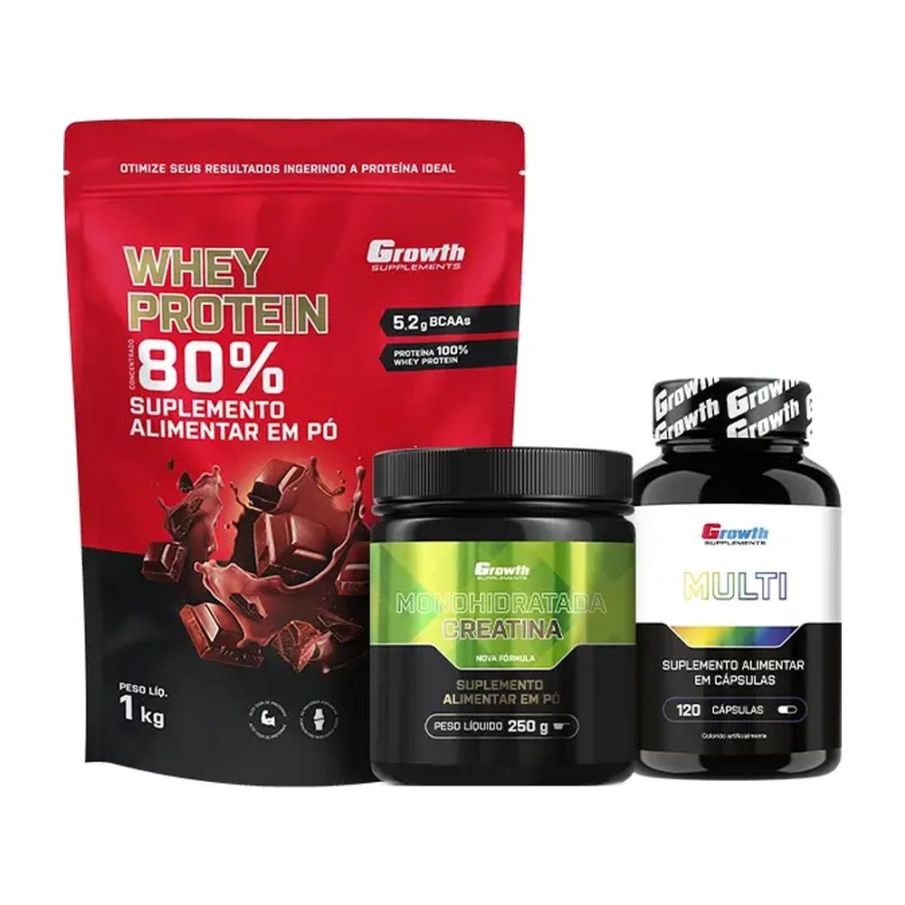 Kit Whey Protein Concentrado 1kg, Creatina Monohidratada 250g e Multivitamínico 120 caps — | Farmácia Resyla