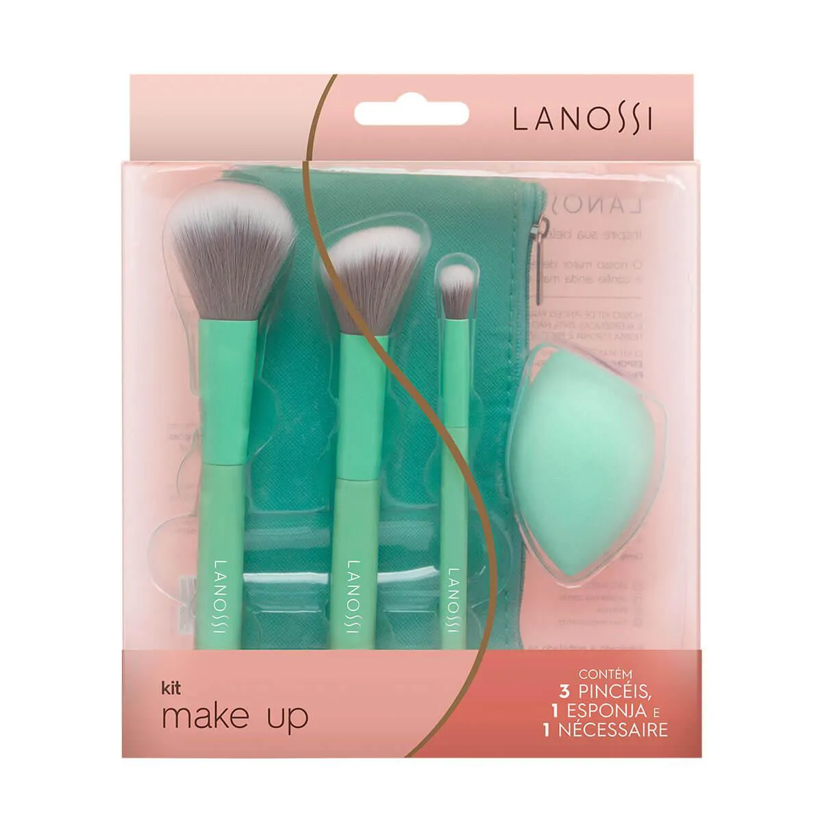 Kit com 3 Pinceis de Maquiagem Lanossi e 1 Esponja + 1 Necessaire Mint Green — | Farmácia Resyla