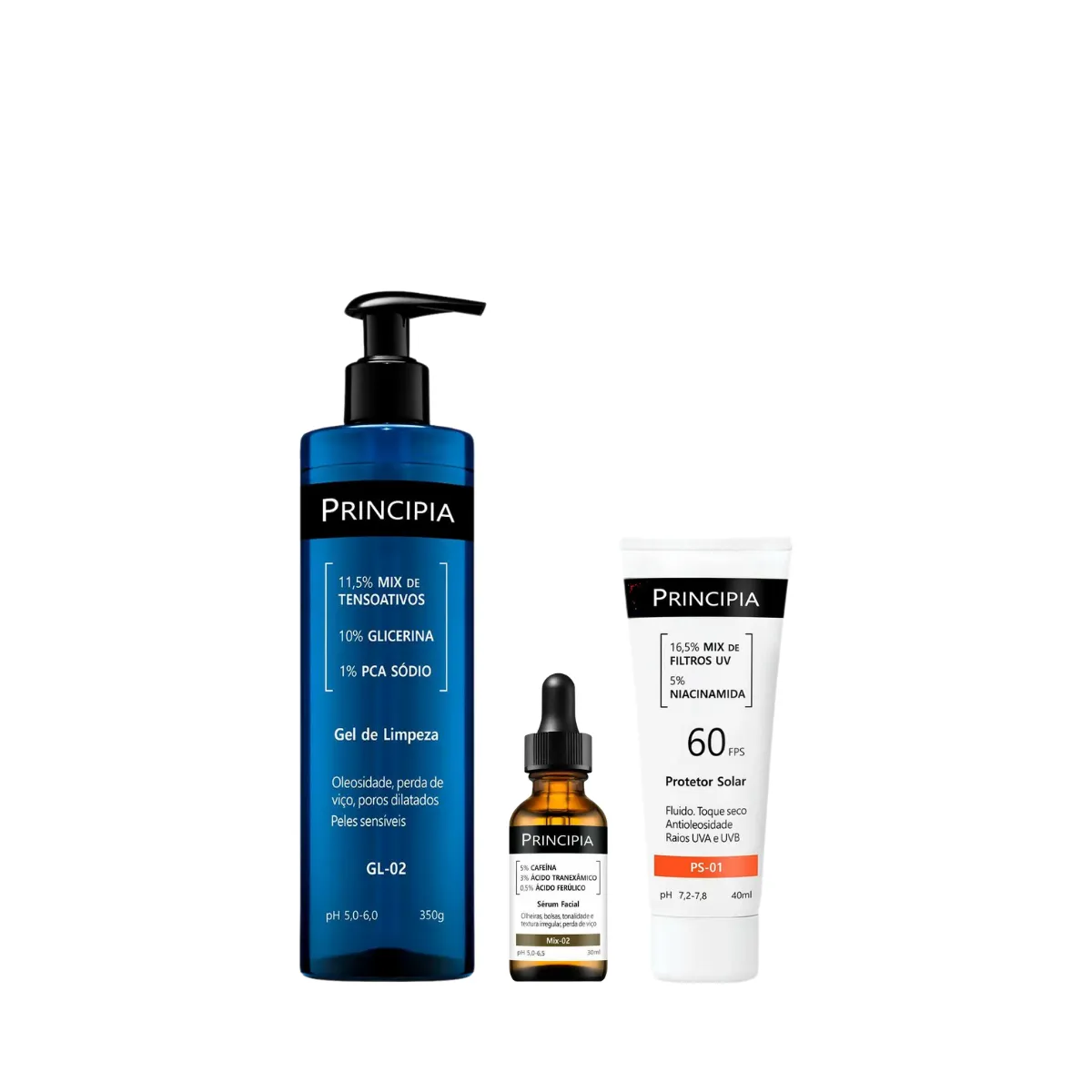Kit Facial Principia Skincare Gel de Limpeza Suave GL-02 350ml + Protetor Solar PS-01 FPS 60 40ml + Sérum Anti-Idade Mix-02 30ml — Principia | Farmácia Resyla