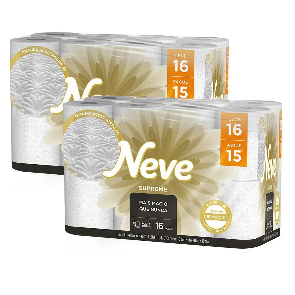 Kit 2 Papel Higiênico Neve Supreme Folha Tripla Leve 16un Cada — | Farmácia Resyla
