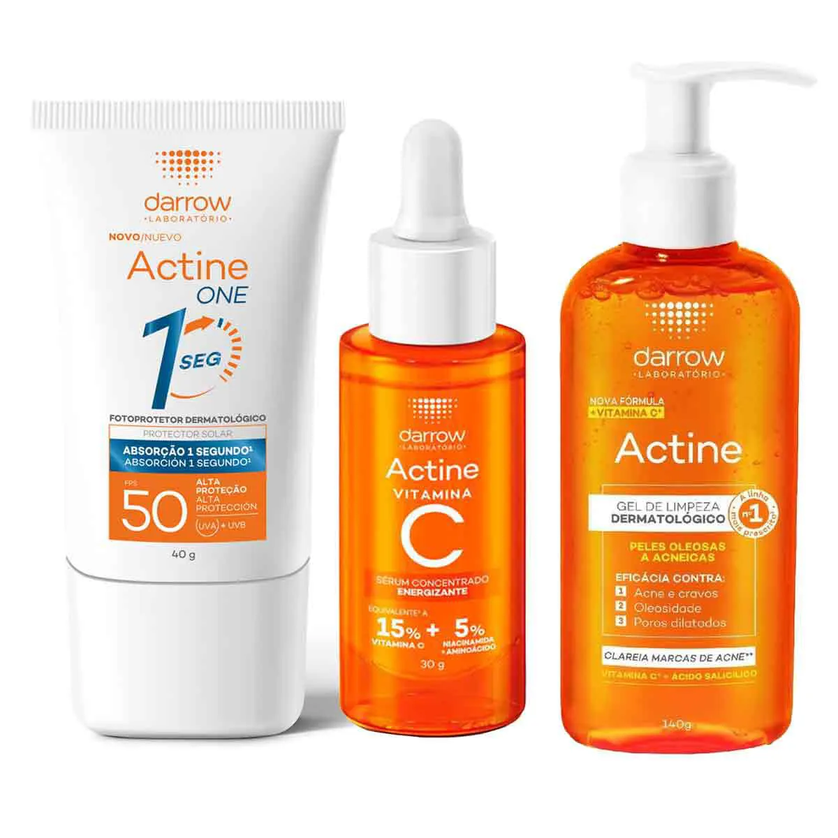 Kit Darrow Actine Gel de Limpeza 140g + Sérum Concentrado Energizante Vitamina C 30g + Protetor Solar Facial One FPS 50 Sem Cor 40g — | Farmácia Resyla
