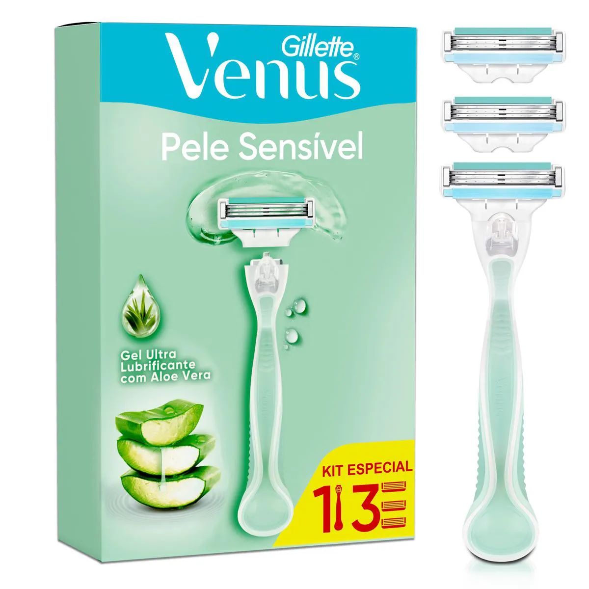Kit Aparelho de Depilar Gillette Vênus Pele Sensível com Aloe e Vera 1 unidade + Carga 3 Unidades — Gillette | Farmácia Resyla