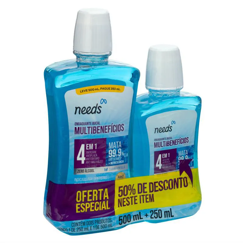Enxaguante Bucal Needs 4 em 1 Hortelã Sem Álcool 500ml + 250ml — Needs | Farmácia Resyla