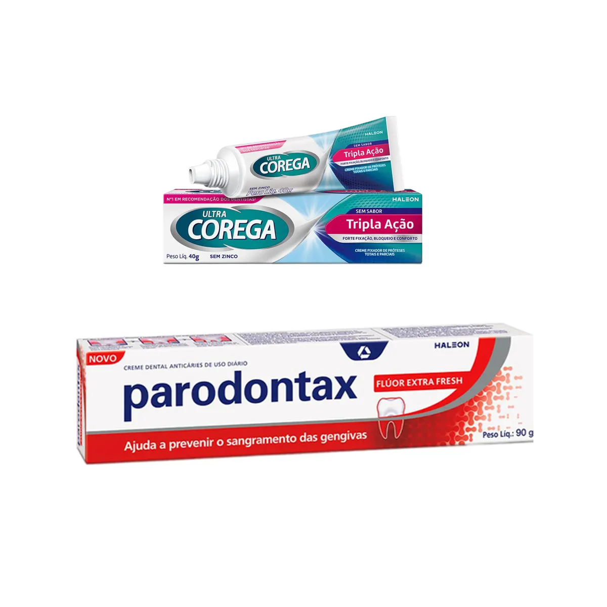 Kit Creme Fixador de Dentadura Ultra Corega Tripla Ação Sem Sabor 40g + Creme Dental Parodontax Flúor Extra Fresh 90g — Corega | Farmácia Resyla