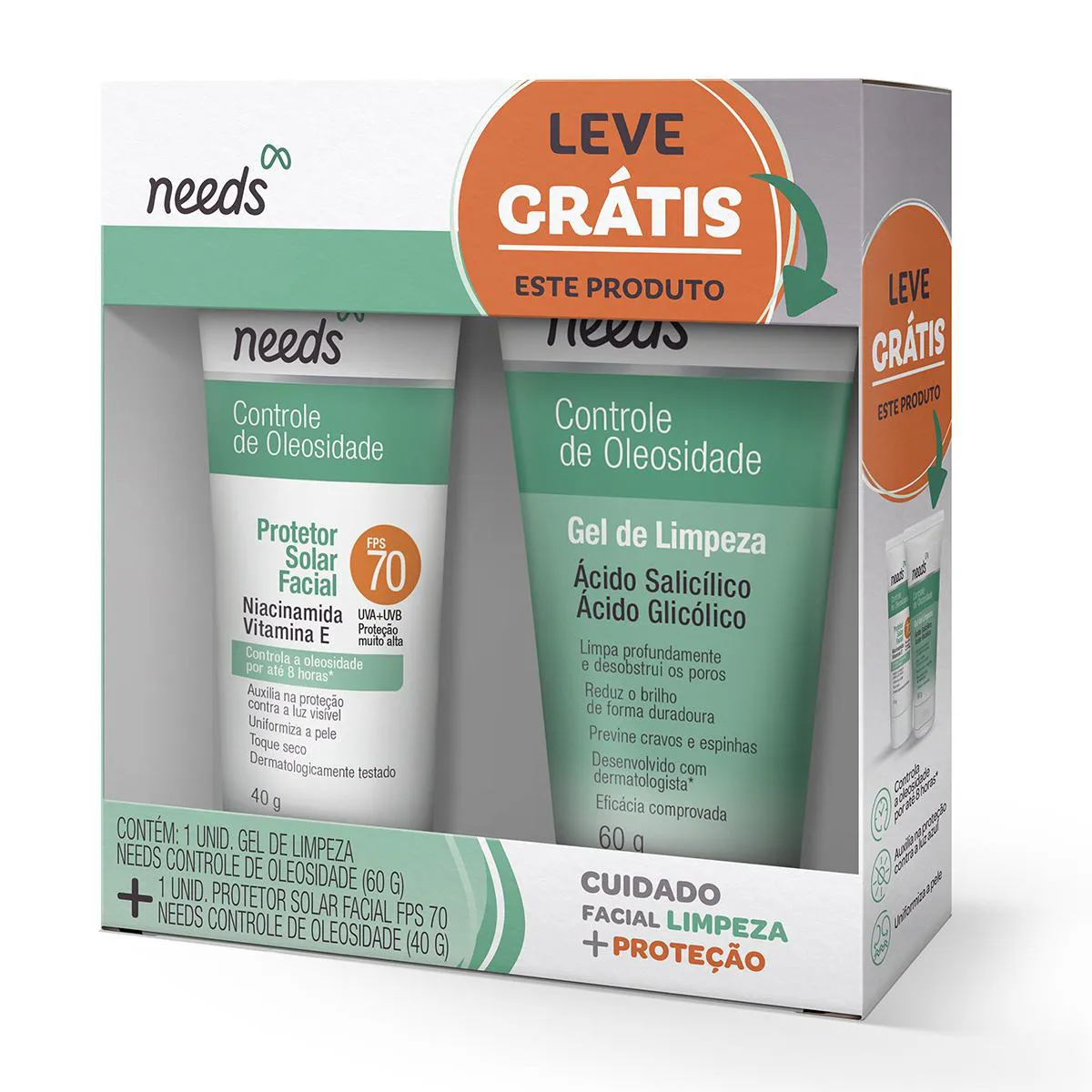 Kit Facial Needs Protetor Solar FPS 70 40g + Gel de Limpeza 60g — Needs | Farmácia Resyla