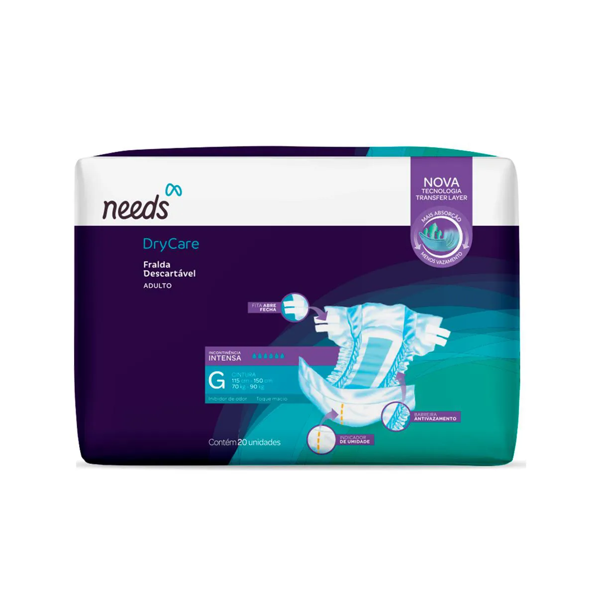 Fralda Geriátrica DryCare descartável Needs G Intensa 20 unidades — Needs | Farmácia Resyla