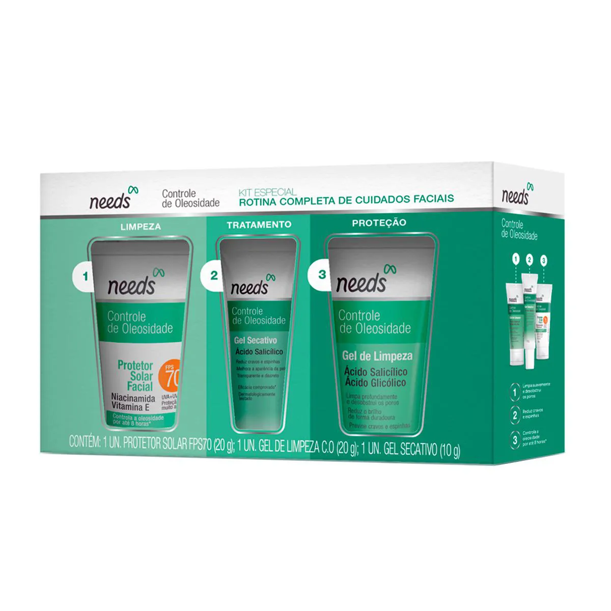 Kit Needs Mini Cuidados Essenciais Controle de Oleosidade Protetor Solar Facial FPS 70 20g + Sabonete Facial 20g + Gel Secativo 10g — Needs | Farmácia Resyla