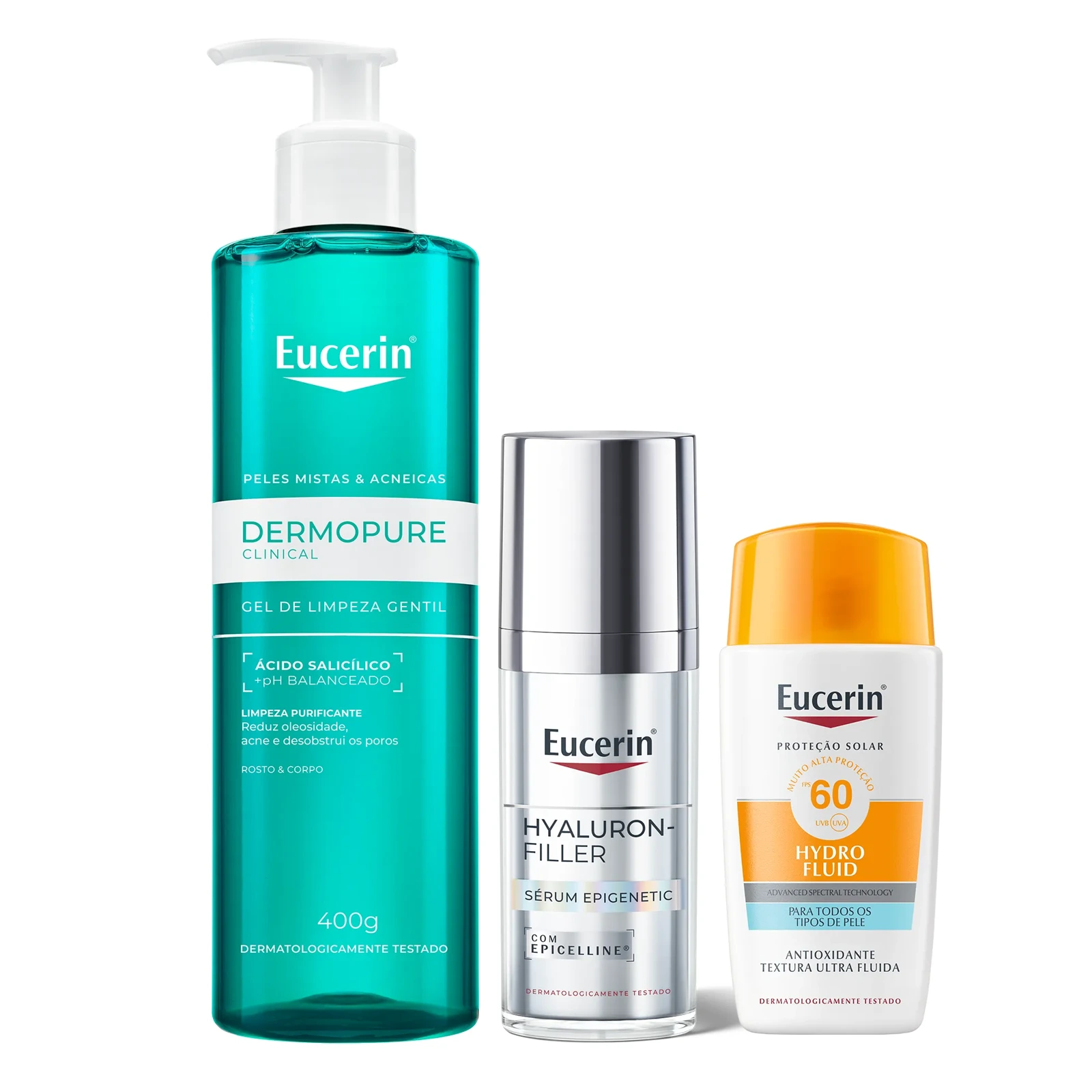 Kit Facial Eucerin Gel de Limpeza Dermo Pure Concentrado 400g + Sérum DermoPure Oil Control Efeito Triplo 40ml + Protetor Solar Gel Creme Antioleosidade FPS 60 Sun 52g — Eucerin | Farmácia Resyla