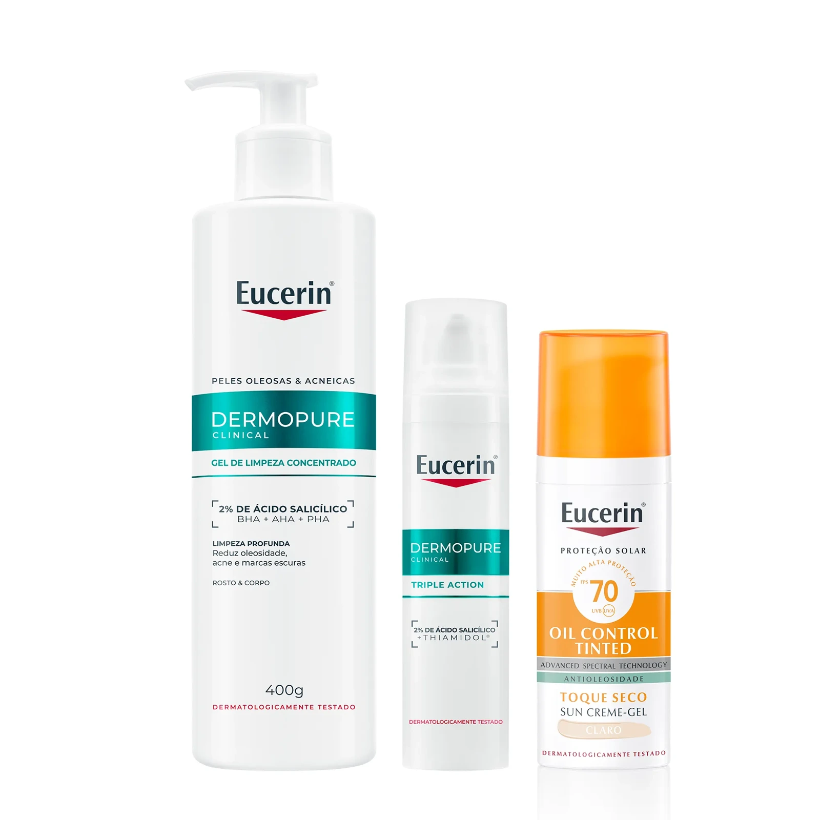 Kit Facial Eucerin Gel de Limpeza Dermo Pure Concentrado 400g + Sérum DermoPure Oil Control Efeito Triplo 40ml + Protetor Solar Sun Oil Control Tinted FPS 70 Claro 50ml — Eucerin | Farmácia Resyla