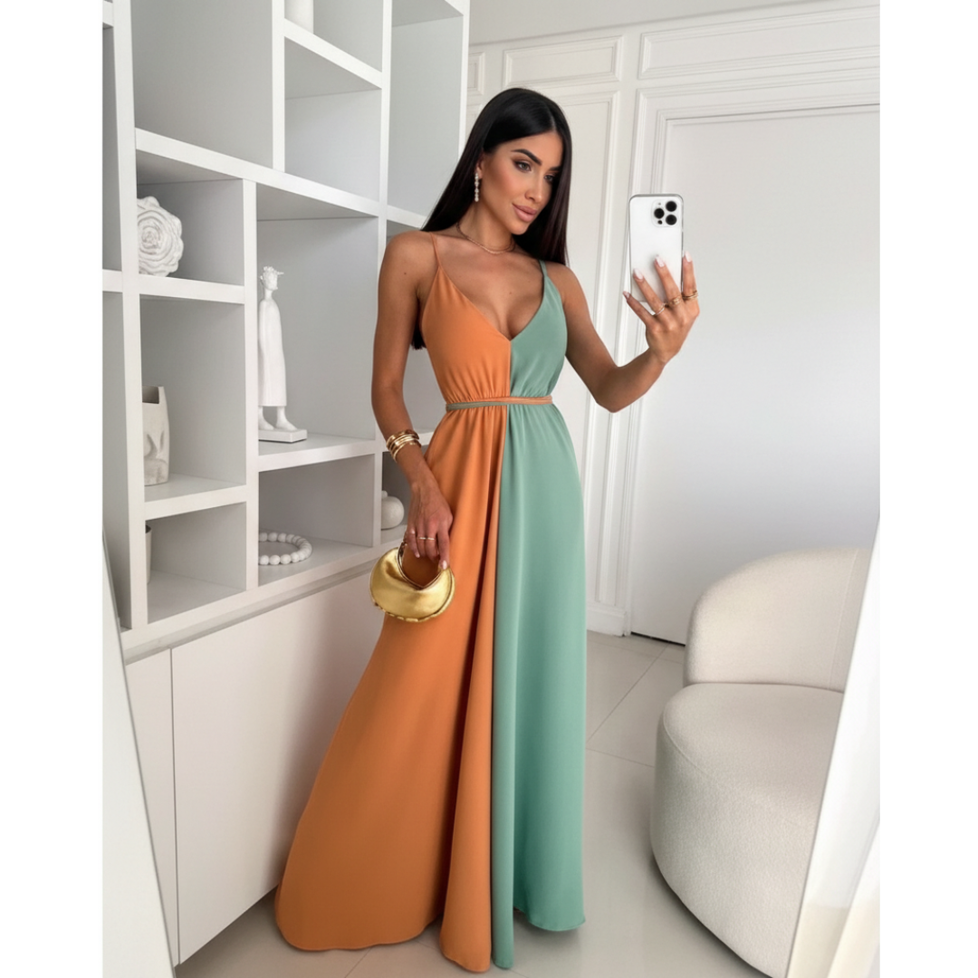 Vestido Feminino Longo Bicolor Alças