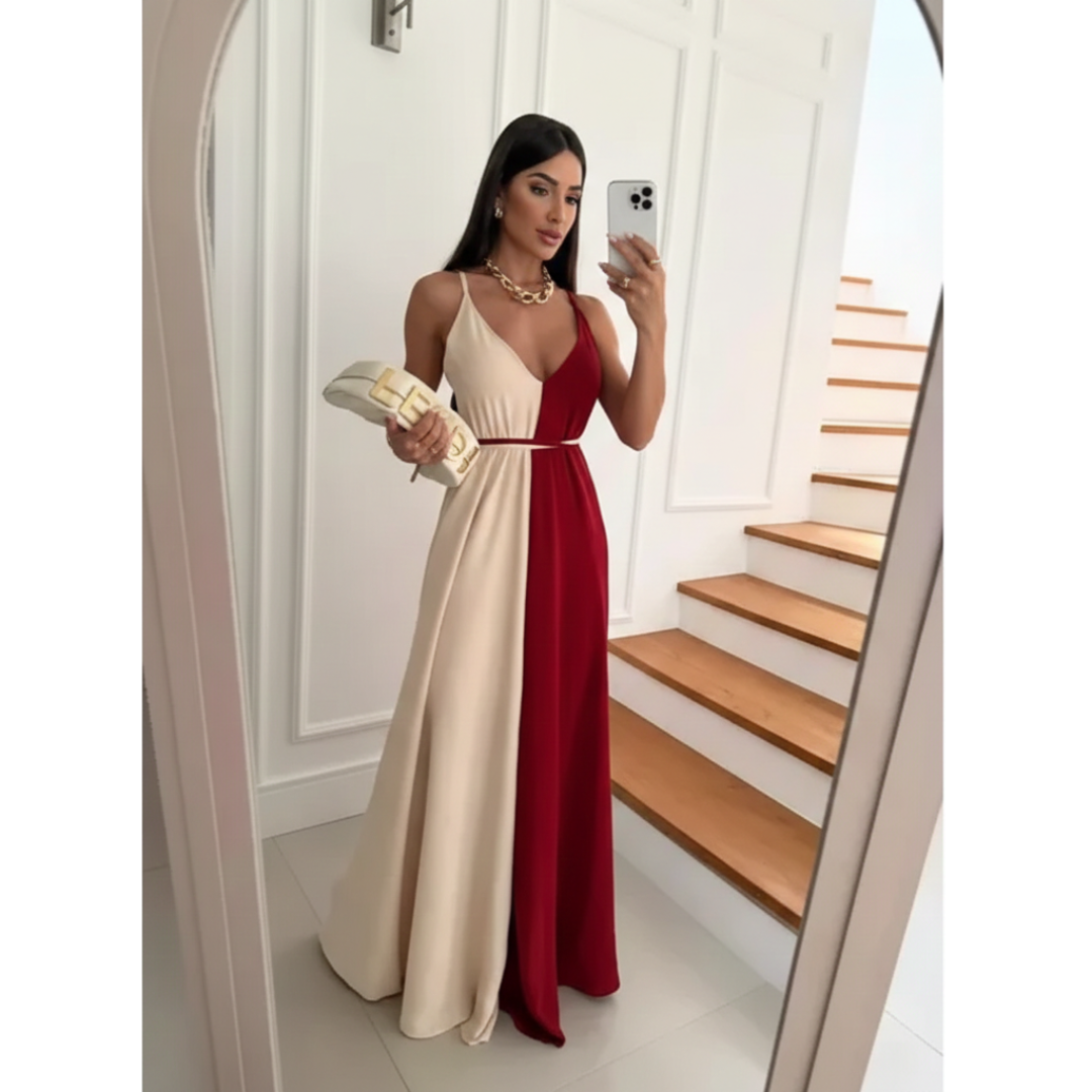 Vestido Feminino Longo Bicolor Alças