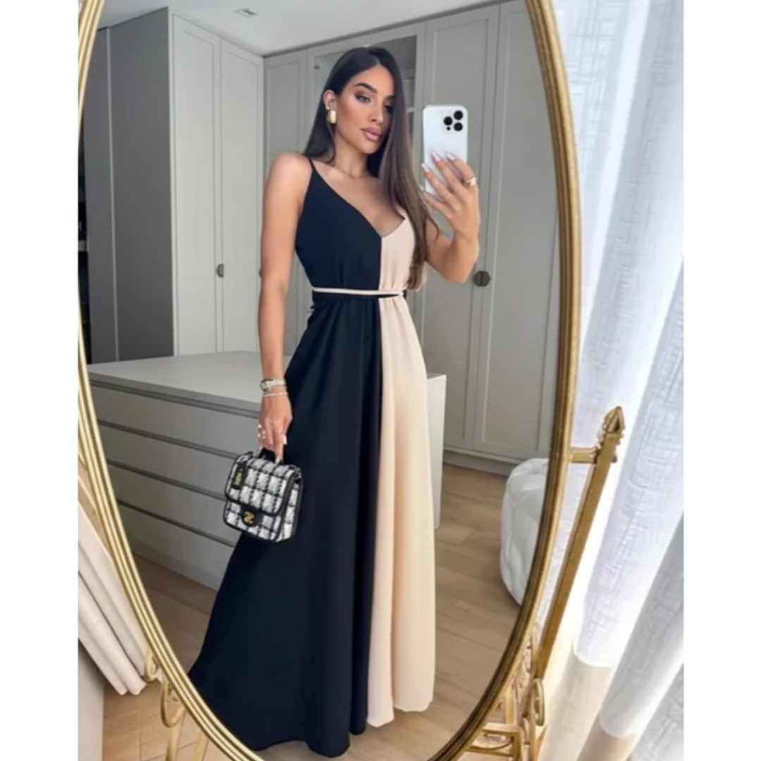 Vestido Feminino Longo Bicolor Alças