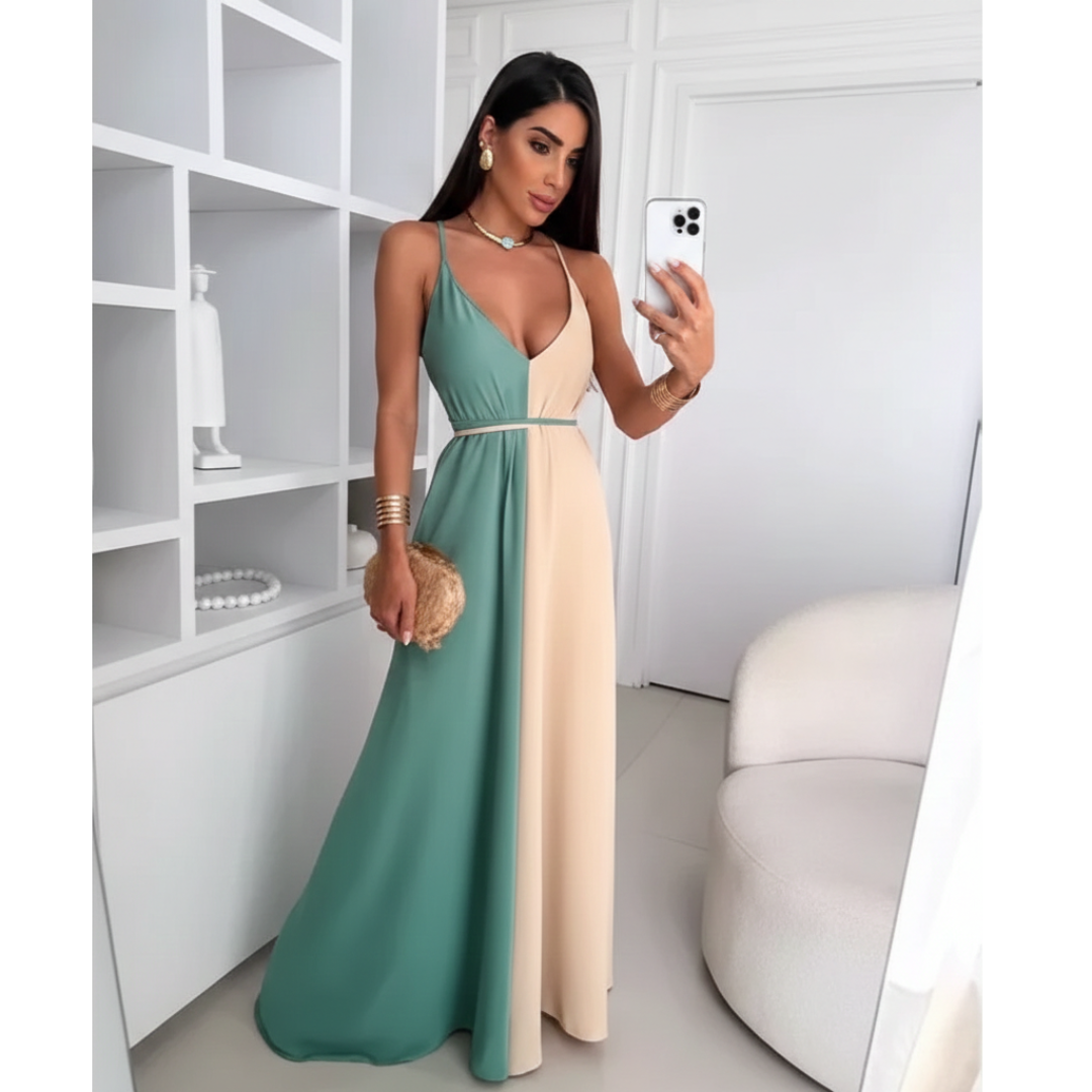 Vestido Feminino Longo Bicolor Alças