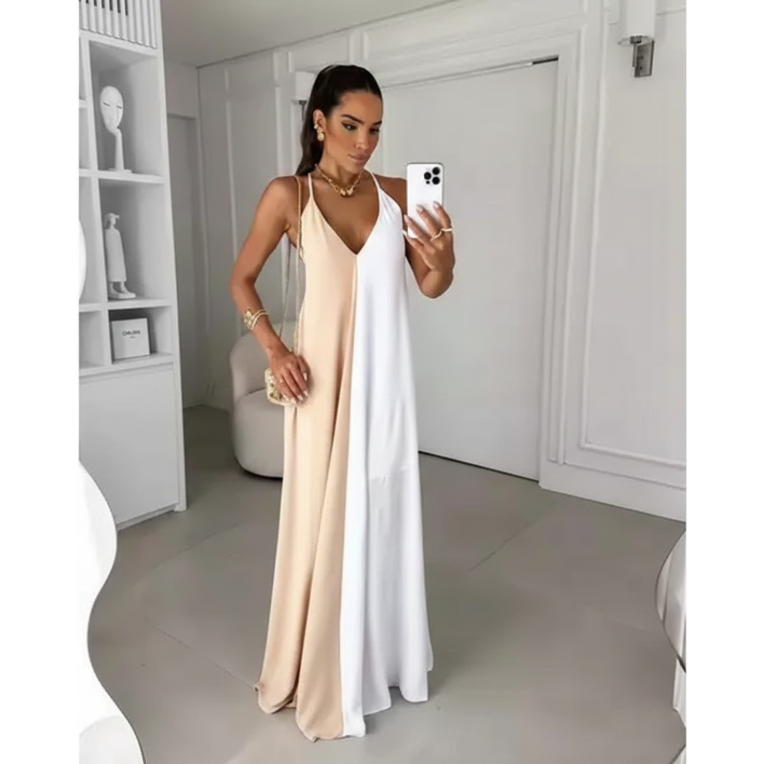 Vestido Feminino Longo Bicolor Alças