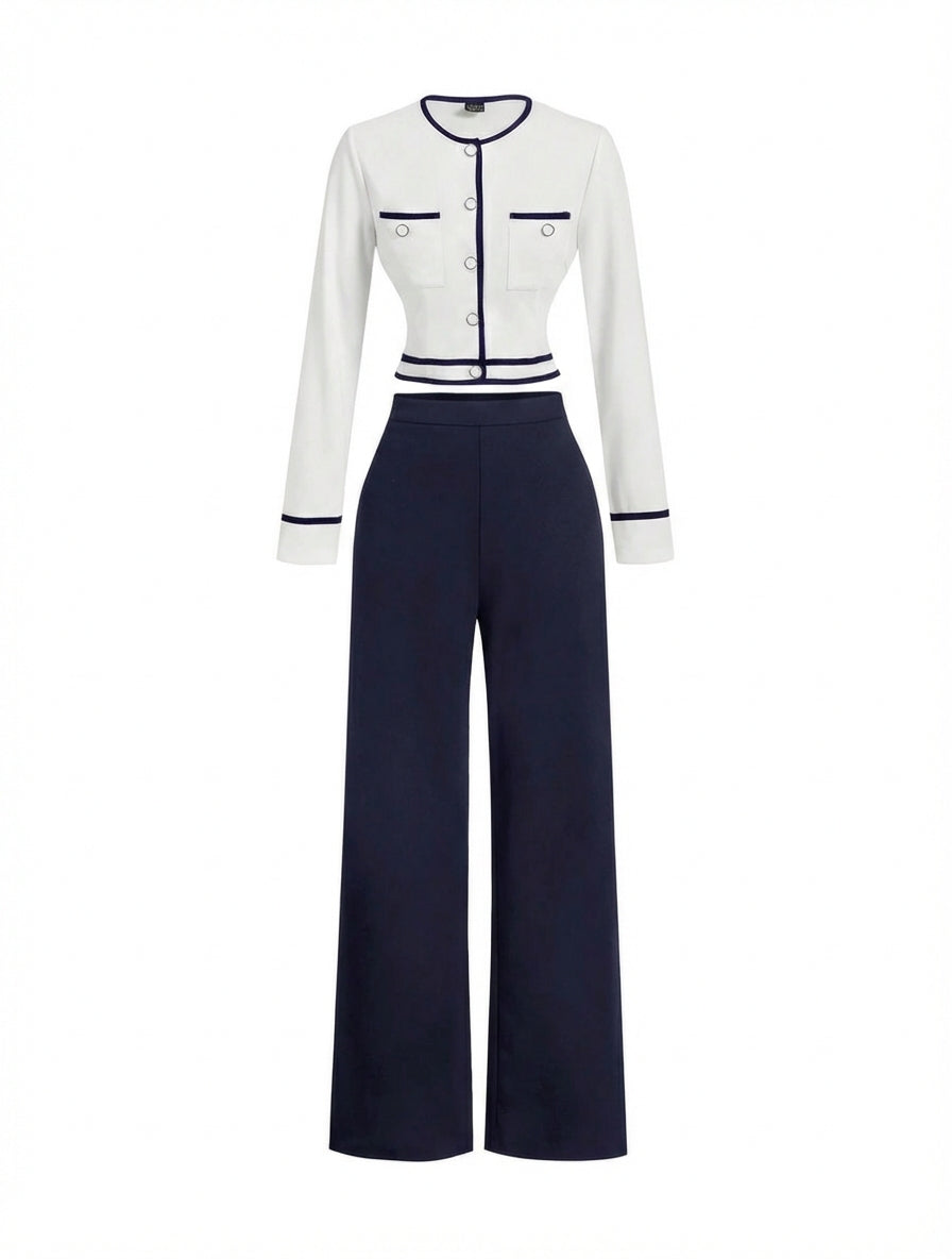 Conjunto Feminino Cropped com Calça Longa em Malha Azul Marinho