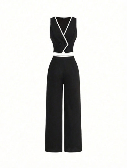 Conjunto Feminino Elegante com Colete Cropped e Calça Preto